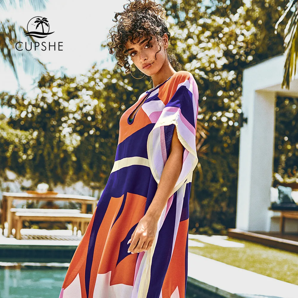 

CUPSHE Color Block Maxi Cover Up Women Sexy Cut Out Slit-side Kaftan Long Beach Dress 2019 Summer Bathing Suit Beachwear