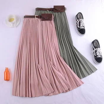 

fund of 503 autumn winters is long in the joker of tall waist show thin leather belt posed pleated skirts women