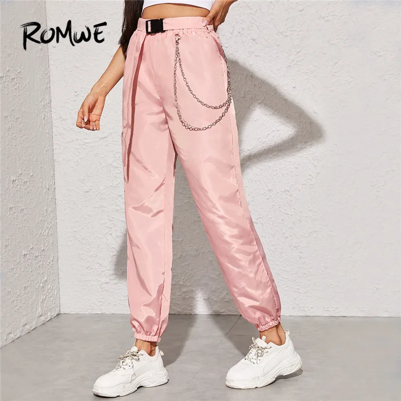 

ROMWE Push Buckle Belted Chain Detail Wind High Waist Pants Women Streetwear Vintage Pants Autumn Solid Elastic Cuff Cargo Pants