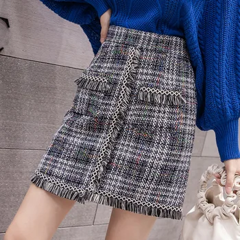 

Winter Tweed Skirts Women Tassel Autumn Mini Pencil Skirts Plaid Wool Skirt Korean Bodycon High Waist Elegant Vintage Skirt V940