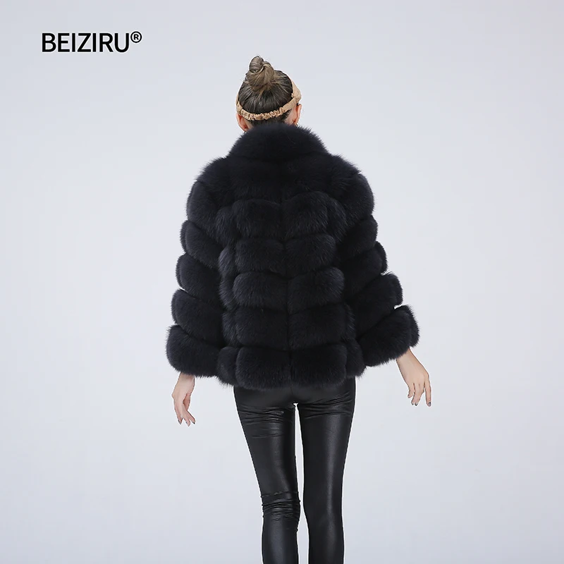 BEIZIRU, натуральный мех, Лисий мех, стоячий воротник, пальто, съемный рукав, женская верхняя одежда, одежда, натуральная, зимняя, теплая, Серебряная лиса, пальто