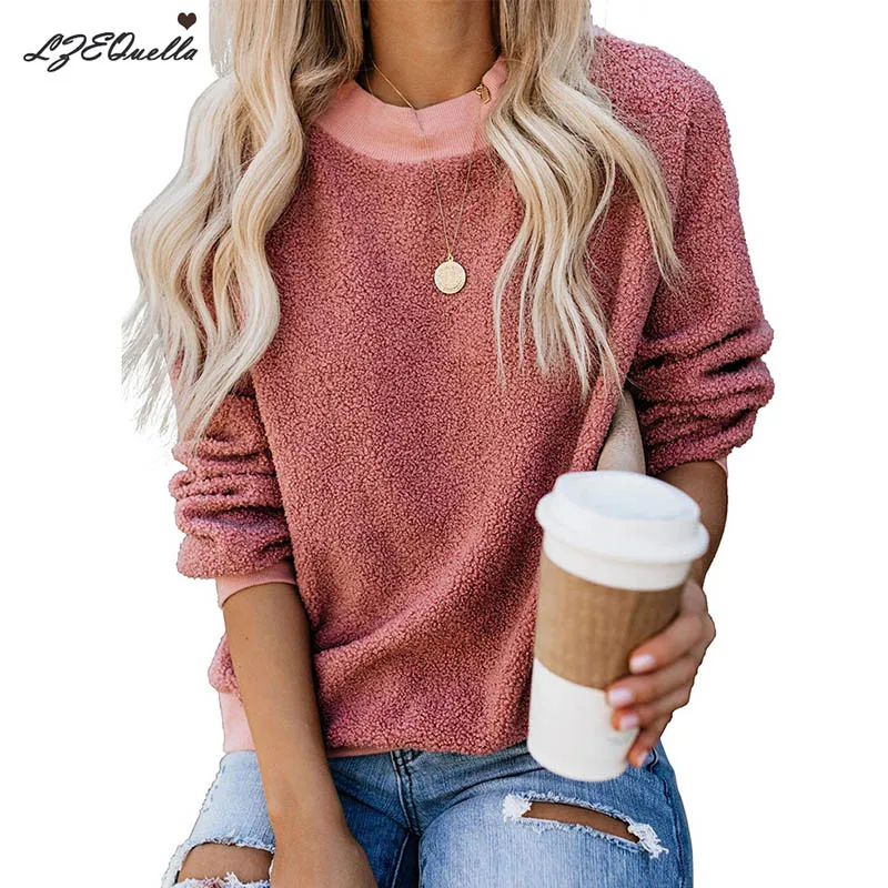 

LZEQuella Autumn Winter Blouse Fleece Solid Harajuku Print Pullover Thick Loose Women Hoodies Sweatshirt Female Casual Coat