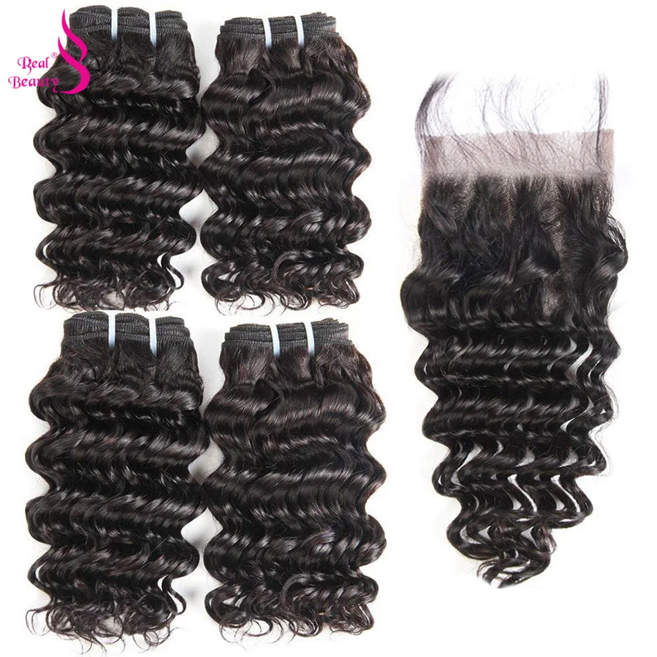 Real Beauty Brazilian Deep Wave 4 Bundles with Lace Closure Human Hair Bundles Deals Ocean Weave Remy Human Hair Extensions