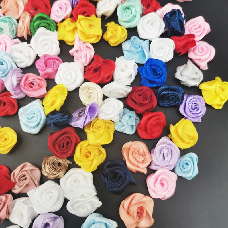 (100pcs/pack) 15mm Mix Color Small Rose Flower Mini Handmade DIY Satin Ribbon Rose Head Wedding Scrapbooking Decoration Flower