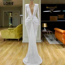 Robe de soirée blanche LORIE, paillettes, style sirène, col en V, perles et cristaux, manches longues, paillettes froncées, taille froncée, sur mesure 