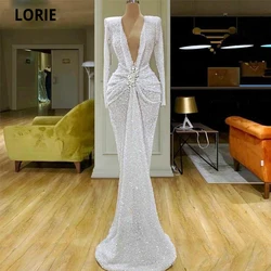 LORIE Glitter White Evening Dresses Mermaid V Neck Beaded Crystal Long Sleeve Sequined Ruched Waist Formal Party Gowns Customize