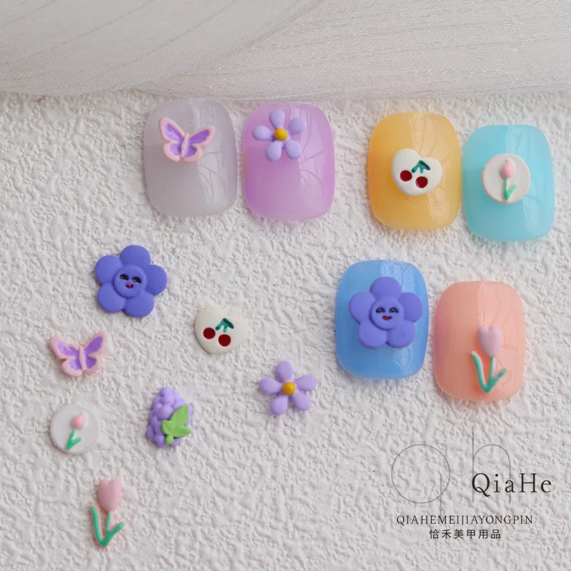5pcs Nail Art Accessories Three-dimensional Flower Cute Cherry Rainbow Love Tulip Butterfly DIY Decoration | Красота и здоровье