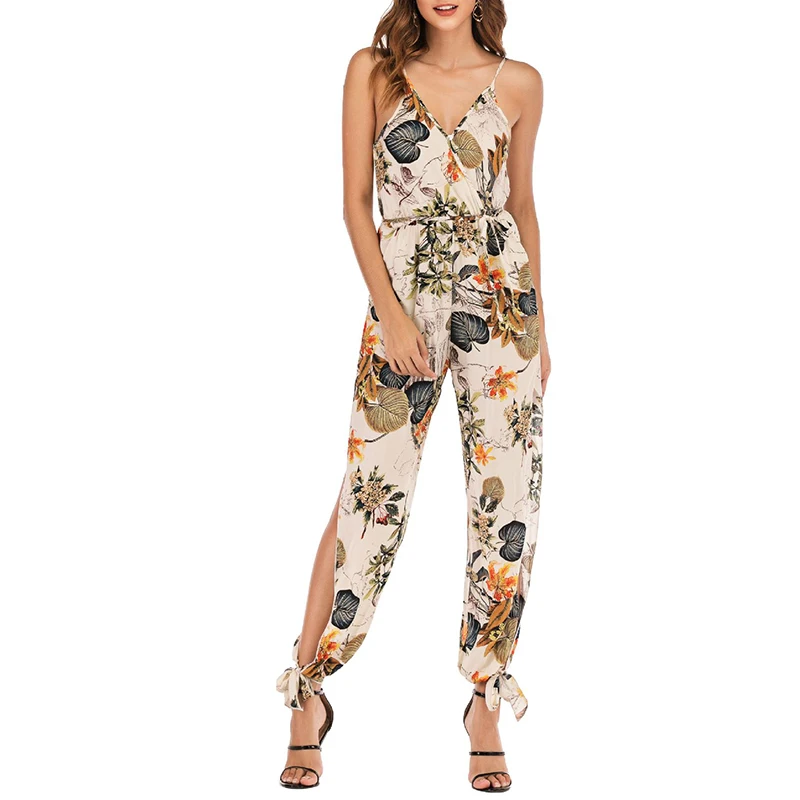 

2021 New Design Spring And Summer Sexy Open Back Tethered Deep V-Neck Suspender Long Jumpsuit Wholesale Jumpsuits For Women