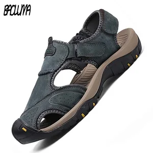 Сандалии мужские из мягкой натуральной кожи, Классические босоножки в римском стиле, Повседневная пляжная обувь, большие размеры, лето - изображение