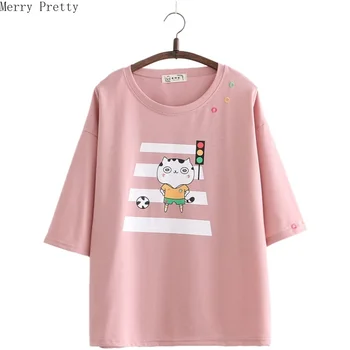 

Funny Cartoon Cat Print Cotton T-Shirts Women 2020 Summer T Shirt Women Casual Loose Tops Tee Shirt Femme Korean Tops