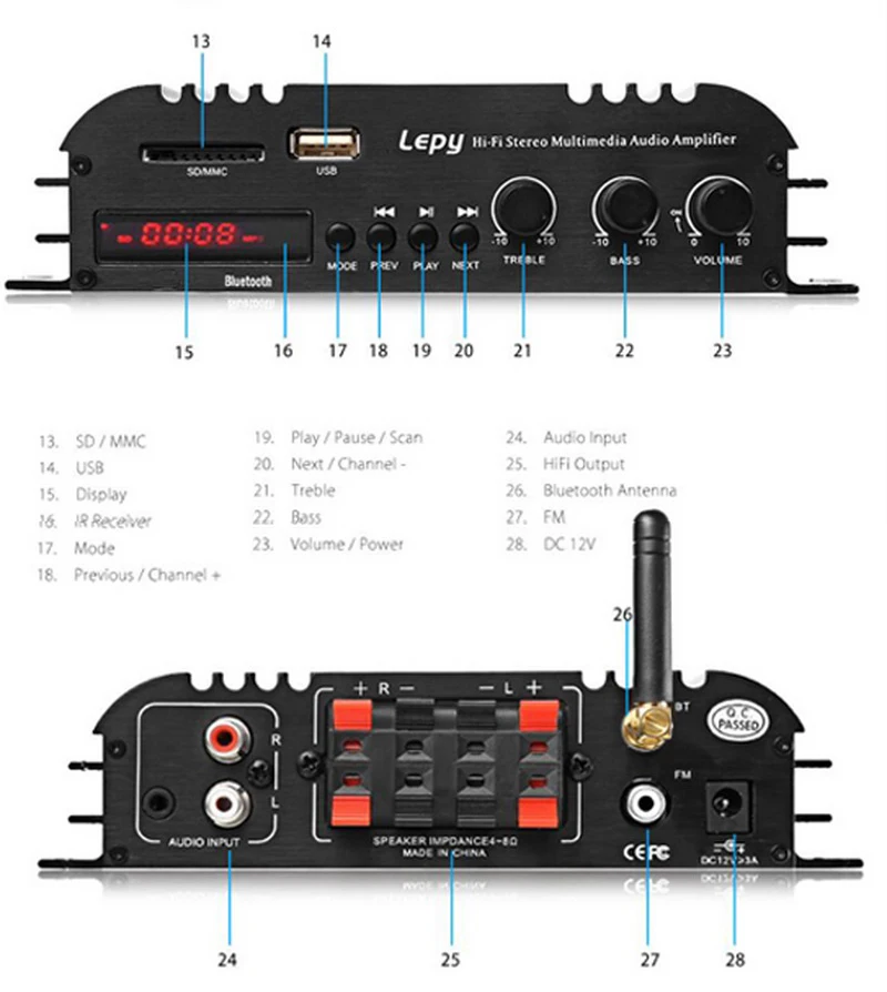 Цифровой плеер Lepy с Bluetooth 2 канала 45 Вт Hi Fi стерео аудио поддержка SD USB FM MP3 DVD без