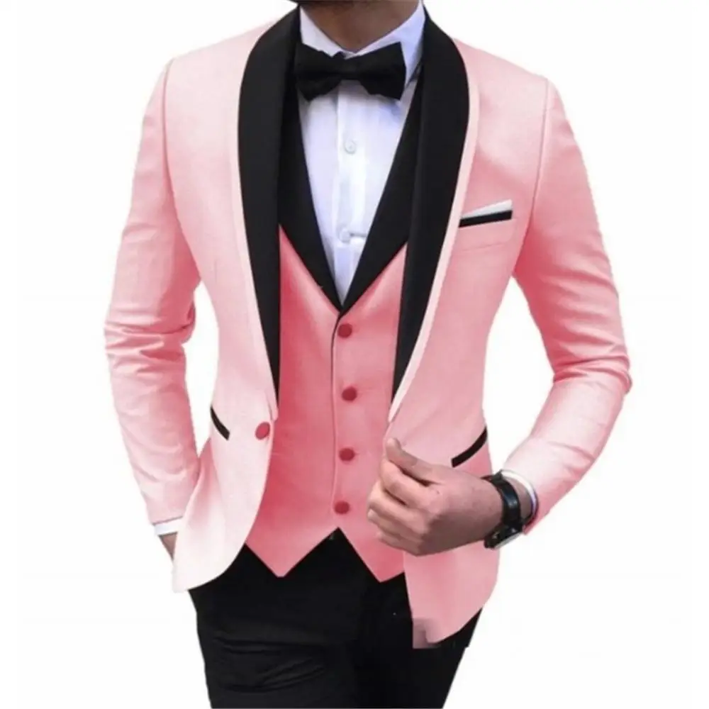 

Latest Coat Pant Designs Pink Fashion Men Suit Slim Fit Groom Tuxedo 3 Piece Custom Made Wedding Suits Prom Blazer Set