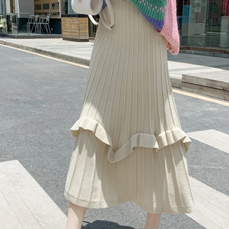 

Women Elegant Fashion Warm Winter Solid Slim Knit Long Skirt Office Lady A-Line Elastic Waist Ruffles Skirts Womens 2020