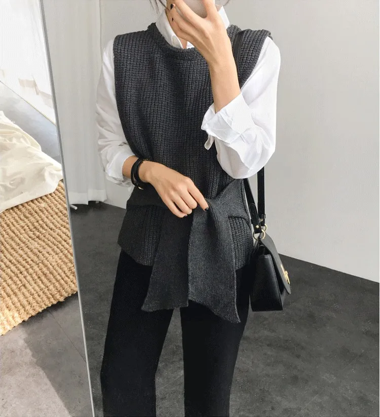 New Arrival Lace Up Sleeveless Pullover Women Knitted Sweater Solid Office Lady Vest Fashion Casual Female Sweaters Vest DS50856