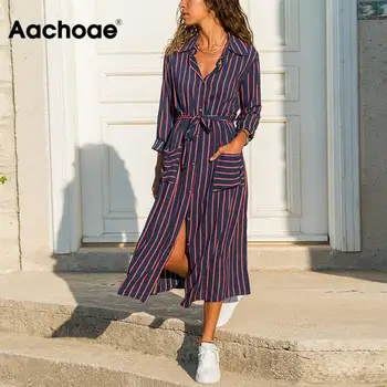 

Fashion Striped Midi Dress Summer Turn Down Collar Bandage Casual Dresses Lady Long Sleeve Pockets Beach Dress Vestido Mujer
