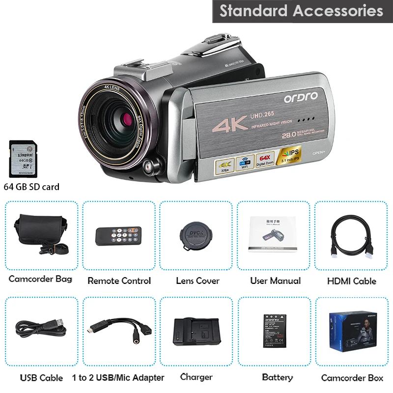 ORDRO AZ50 Real 4K 30FPS видеокамера H.265 видео формат Поддержка Wi Fi со стерео микрофоном