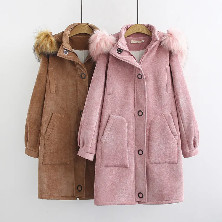 

2018 Winter New Style Large Size Dress Fat Mm Retro Corduroy Solid Color Hooded Long Cotton-padded Clothes