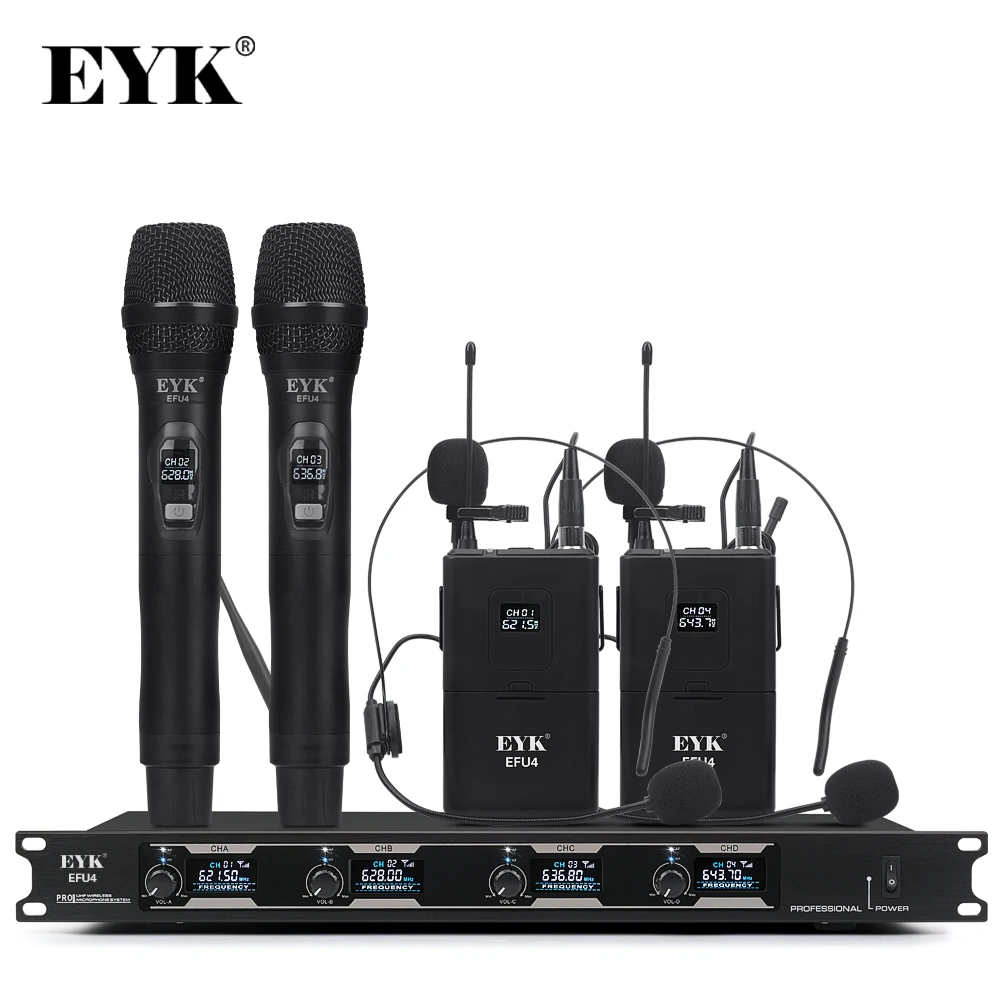 EYK EFU4 4 канала UHF беспроводной микрофон системы с 2 поясной и 2 ручные микрофон для сцены церкви семьи вечерние караоке