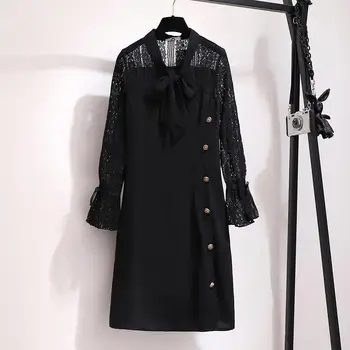 

6XL Autumn Winter Black Plus Size Dress Women Button Long Sleeves Loose Party Dress Bow Casual V Neck Hollow Out Lace Vestidos