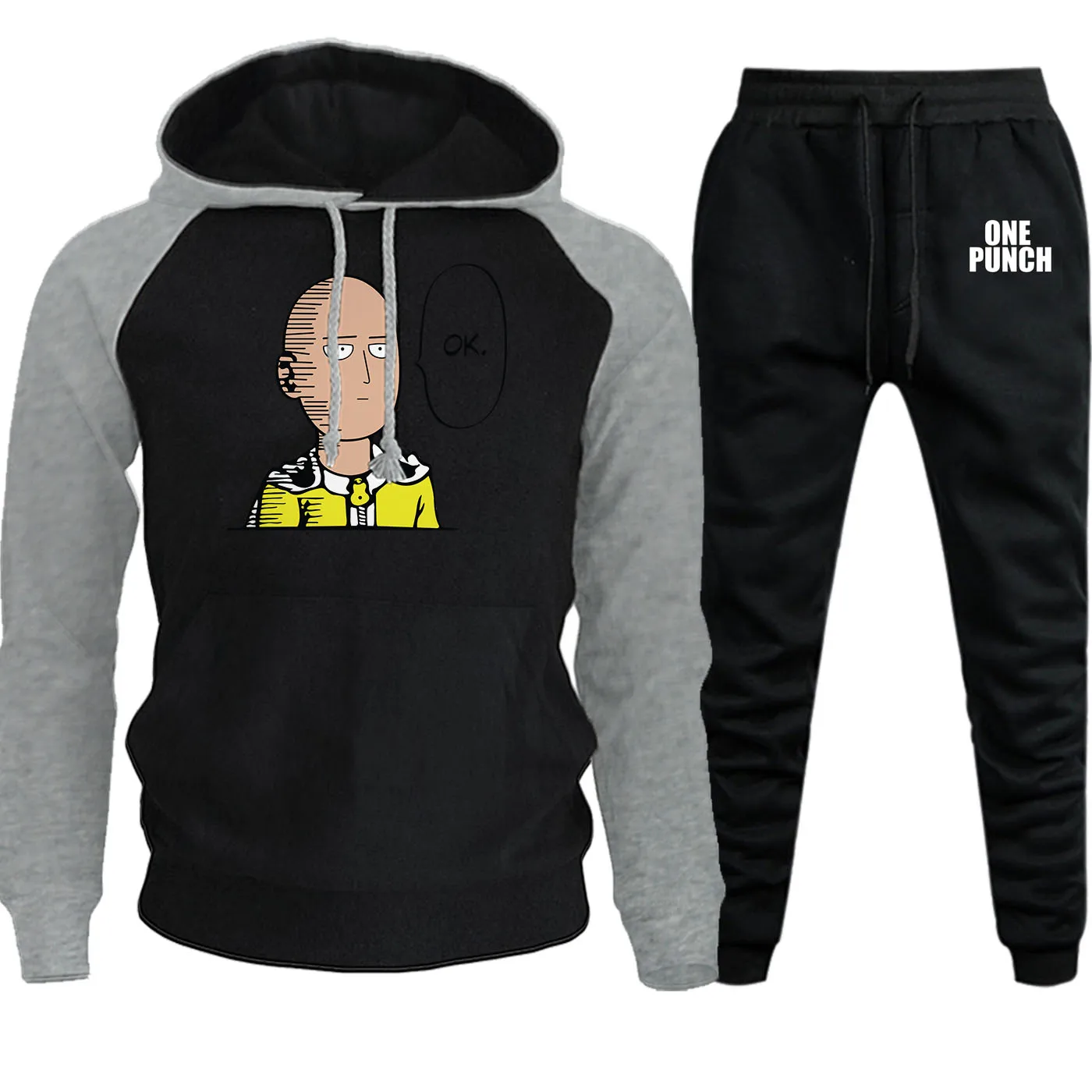 One Punch Man, мужские толстовки с капюшоном, реглан, японское аниме, пуловер, Осень-зима, костюм, мужские флисовые толстовки+ штаны, комплект из 2 предметов