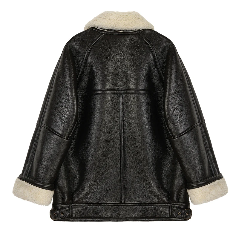 [EAM] Свободная Черная куртка из овечьей шерсти с разрезом большого размера, Новое Женское пальто с отворотом и длинным рукавом, модное осенне-зимнее пальто 1M098