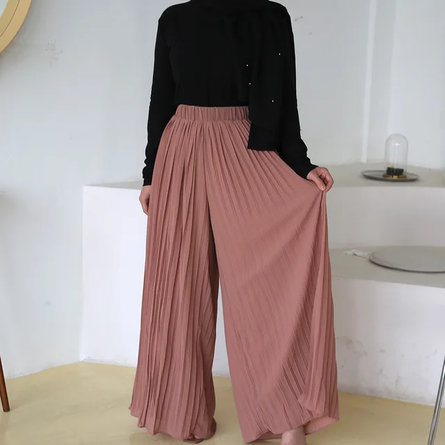  - 2020 Summer Loose Chiffon Muslim Pants Women High Waist Pleated Wide Leg Pants Ankle-length Solid Color Dubai Turkish Trousers