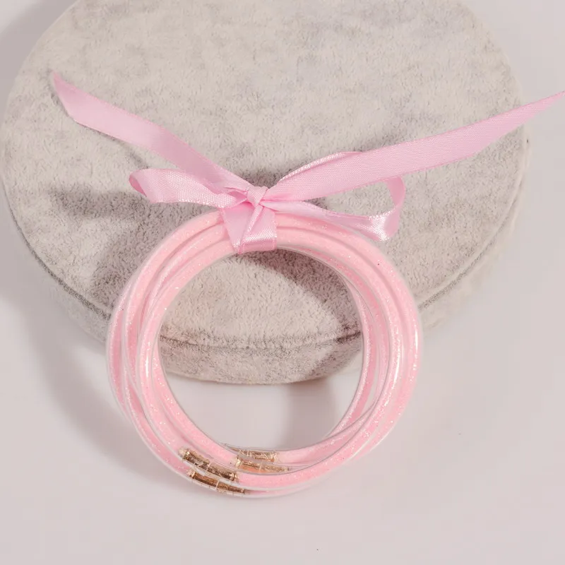 pink Rainbery 5 шт./компл. Детские Размеры бантом цвета: золотистый, серебристый Блестящий Набор браслетов любых погодных стек силиконовый Пластик Блеск Браслеты - Окраска металла: pink