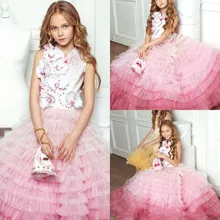 Красивые Розовые Платья с цветочным узором для девочек, платье с высоким воротом и объемными цветами на день рождения, праздничное платье для девочек на заказ