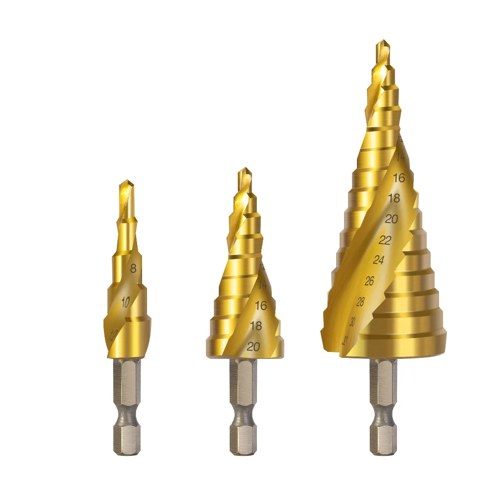

New 3 Pcs Spiral step drill 4-12/20/32mmTitanium HSS Coated Step Metal opening for woodworking milling cutter cone drill Safe