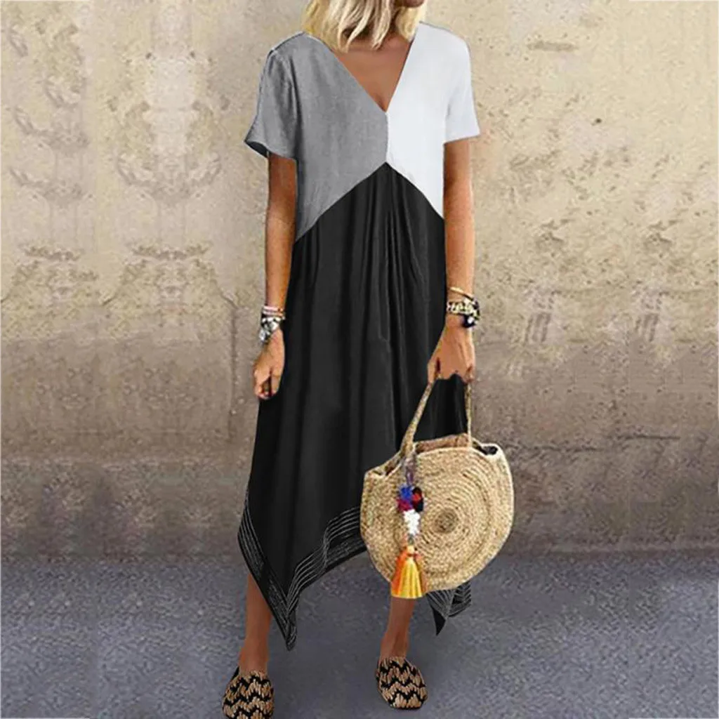 

JAYCOSIN 3 Colors Block dress Women Casual Patchwork Short Sleeve Dress Oversize Loose Pockets Midi dress Plus Size vestidos 902
