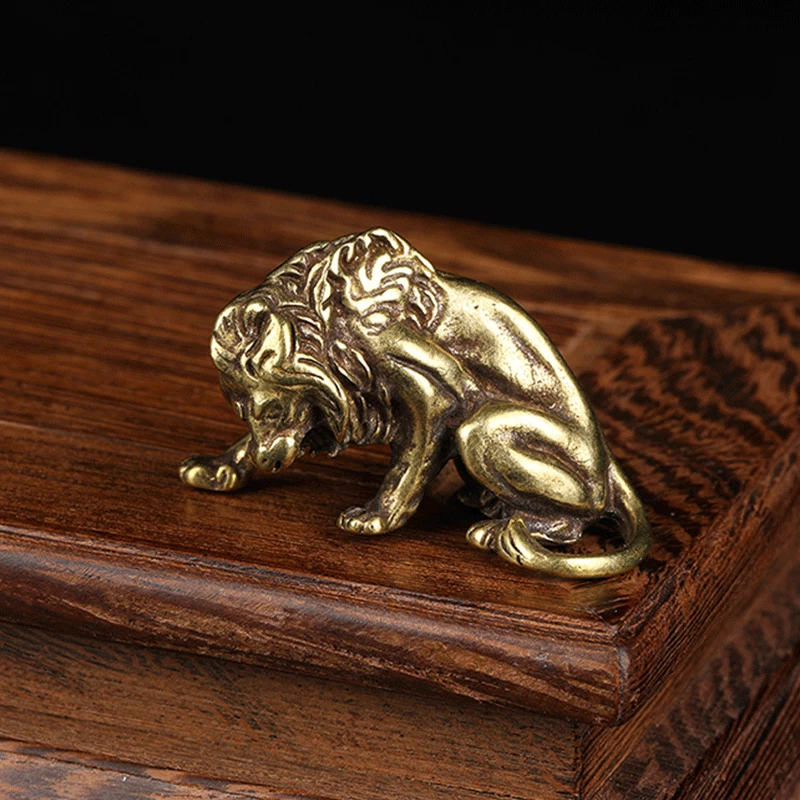 Antique Bronze Lion King Figurines Ornament Pure Copper Tea Pet Vintage Animal Sculpture Miniature Desk Decorations