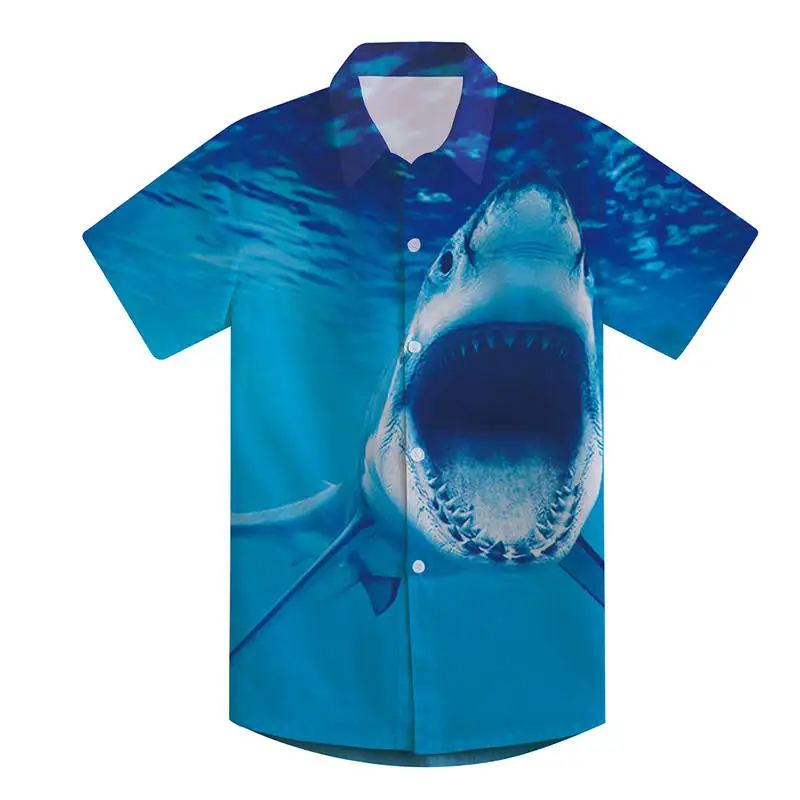 Повседневная Детская летняя рубашка с принтом в гавайском стиле; пляжная одежда с принтом акулы; крутая рубашка с короткими рукавами и отложным воротником для мальчиков
