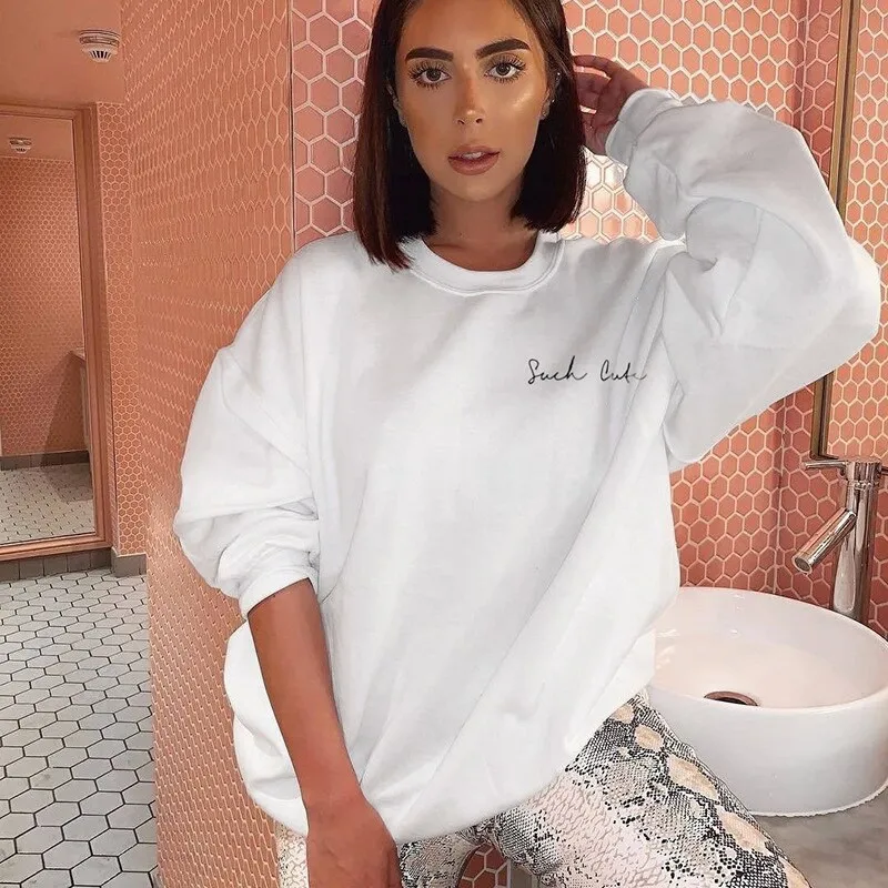 Womens Letters SHCK CUK Print Long Sleeve Hoodie Sweatshirt Ladies Slouch Pullover Jumper Tops White Brand New Sweatshirt