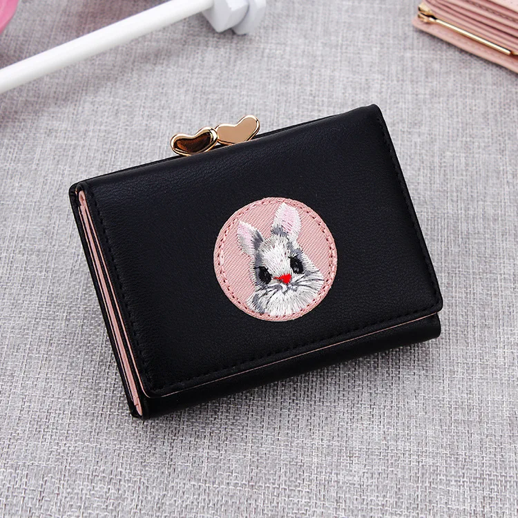 Милый женский кошелек с несколькими картами, наклейки из кроличьей ткани, сменная папка, японский кавайный короткий многофункциональный кошелек для монет, комплекты для карт - Цвет: Black