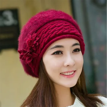 

Woolen Hat Female Winter Fashion Mother Rabbit Hair Hats Plus Thick Beret Warm Knitted Beanie Ladies Solid Flower Hats