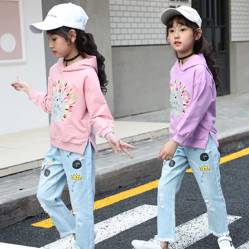 

Girl'S Suit 2019 New Style Korean-style Big Boy Set Spring And Autumn Sweater Cowboy Long-sleeved Sweater Fashion