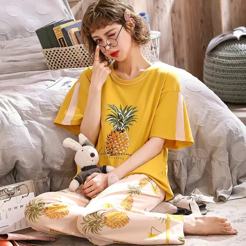 Женский пижамный комплект с героями мультфильмов Хлопковая пижама Kawaii короткий