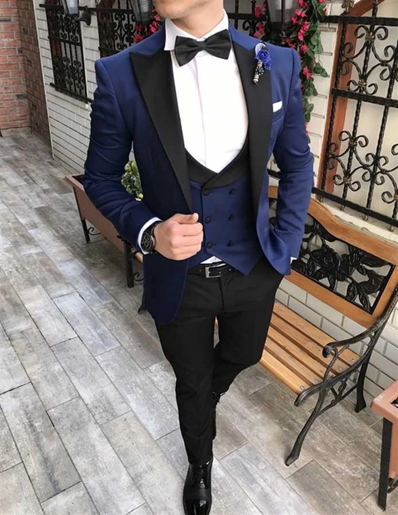 Custom Made Groomsmen Black Groom Tuxedos Shawl Satin Lapel Men Suits Wedding Best Man Blazer ( Jacket+Pants+Vest)