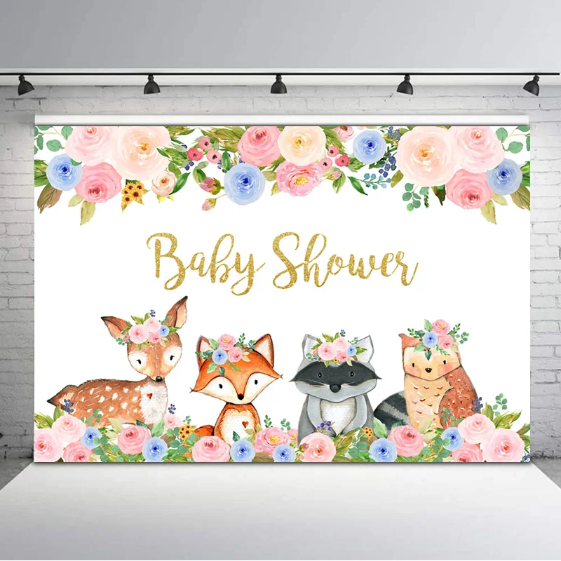 Woodland Baby Shower Backdrop Jungle Safari Photo Background Cute Animal Fox Flowers Photography Backdrops Dessert Table Decor |