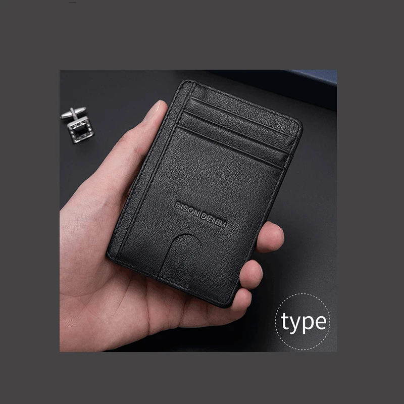 BISON DENIM – portefeuille minimaliste en cuir véritable pour hommes, porte-cartes de crédit, blocage RFID, W9670-1B