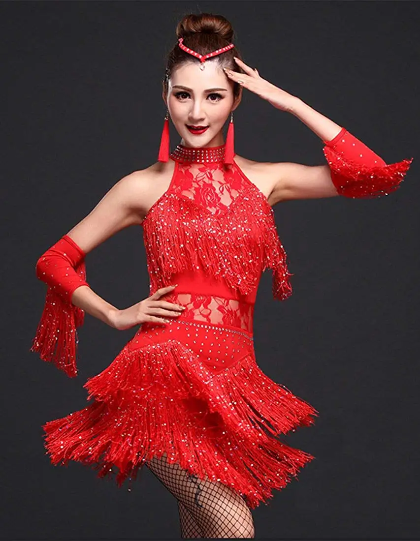 FEECOLOR комплект из 3 предметов Женская Одежда для танцев Стразы без рукавов с бахромой платье для латинских танцев