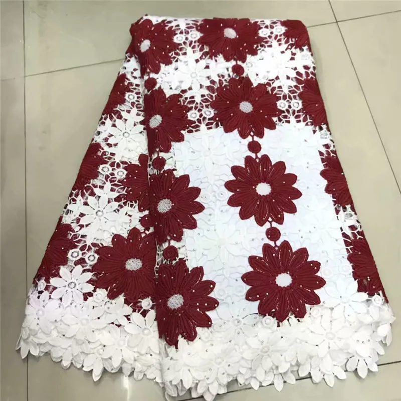 

Nigerian lace fabric white and red African Fabric lace material with stones guipure lace for dress 5yards per lot