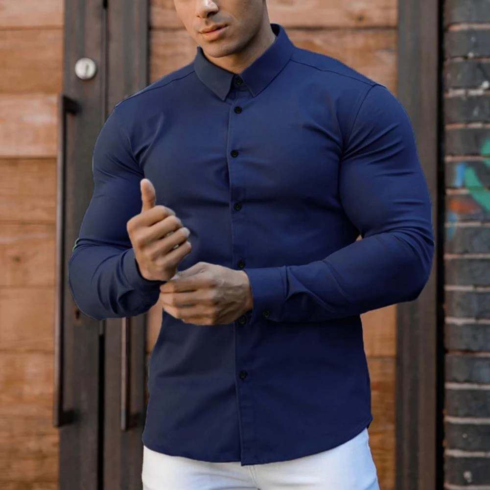 Camisa de negocios antiarrugas para hombre, camisa de Color sólido, musculosa|Camisas -