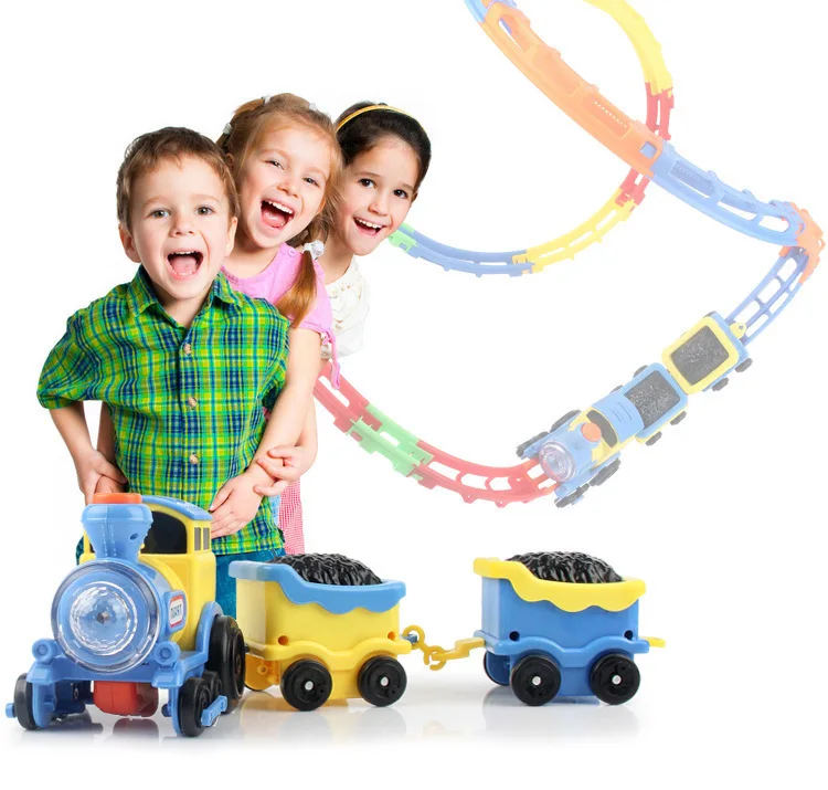 Детская игрушка подвижный Поезд Локомотив трек игрушки для мальчиков девочек DIY перевернутый электрический вагон с подсветкой Музыка