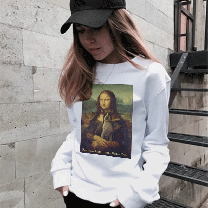 Ретро инновации Мона Лиза печать мягкая одежда толстовка с цветами круглый вырез длинный рукав пуловер Женская толстовка