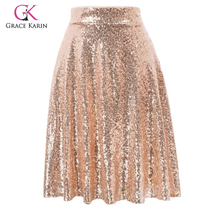 

Grace Karin Women's Knee Length Pleated A-Line Skirts Skater Midi Skirt Summer 2019 Fashion High Waist Flared Sequin Skirt