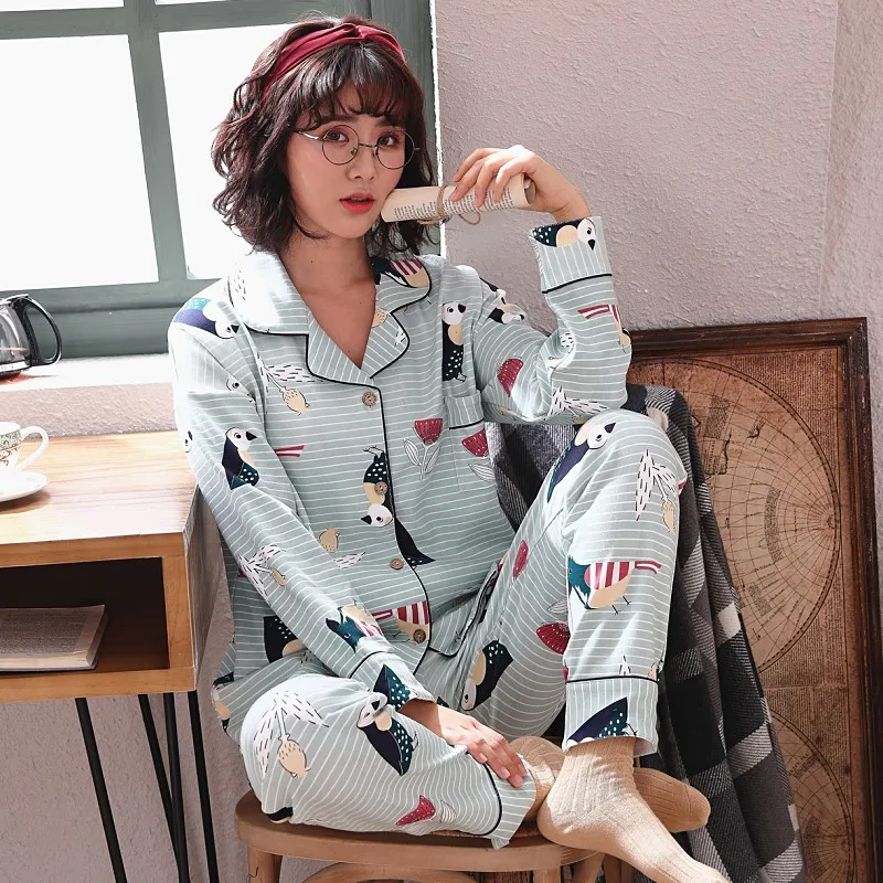 

New Style WOMEN'S Pajamas Women's Summer Long Sleeve Pure Cotton Spring And Autumn Cotton Homewear Set Thin Two-Piece Set