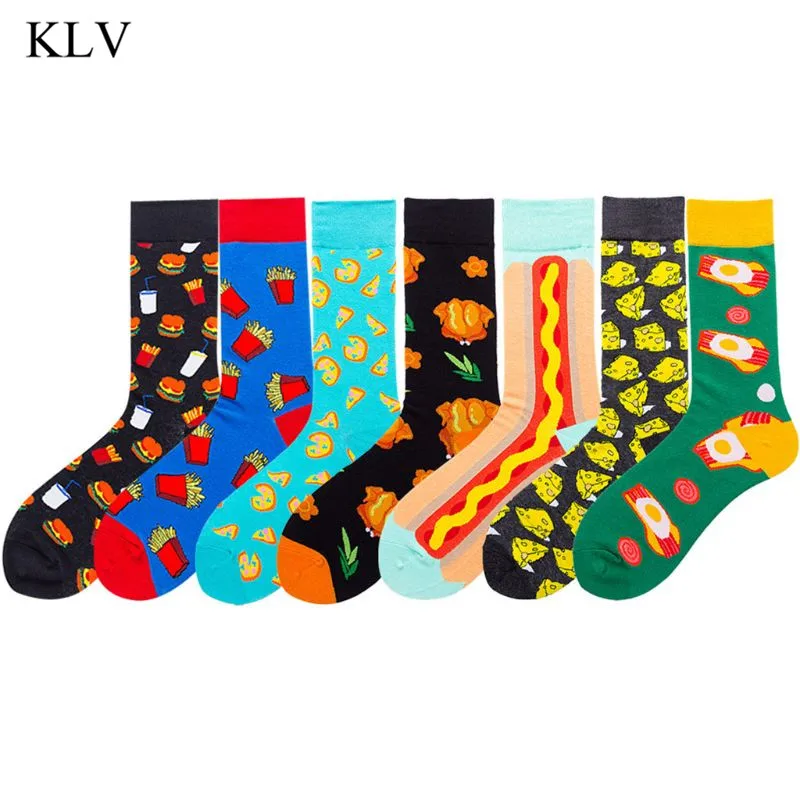 Mens Autumn Funny Colorful Dress Socks Cute Cartoon Hamburger Chips Turkey Pizza Cheese Hot Dog Foods Printed Harajuku Hosiery