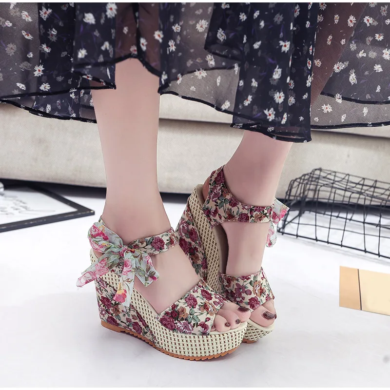 Women Wedge Sandals Open Toe Floral Bowknot