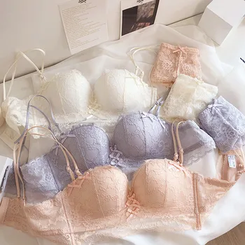 

Thick cup without steel ring bra set comfortably gathers lace bowknot fantasy girl lingerie set half cup beautiful back underwea